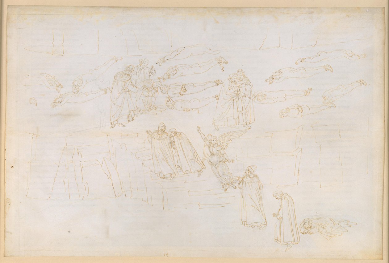 La Divina Commedia, Purgatorio XIX. Oppstigningen til den femte sirkelen i Purgatoriet: Dantes drøm om Sirenene; bot for de grådige og sløsere; samtale med Hadrian V. av Sandro Botticelli
