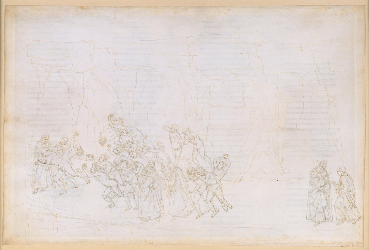 La Divina Commedia, Purgatorio XVIII. Fjerde ring: Vergil forklarer Dante kjærlighetens prinsipp og den frie viljens rolle; de treges bot av Sandro Botticelli