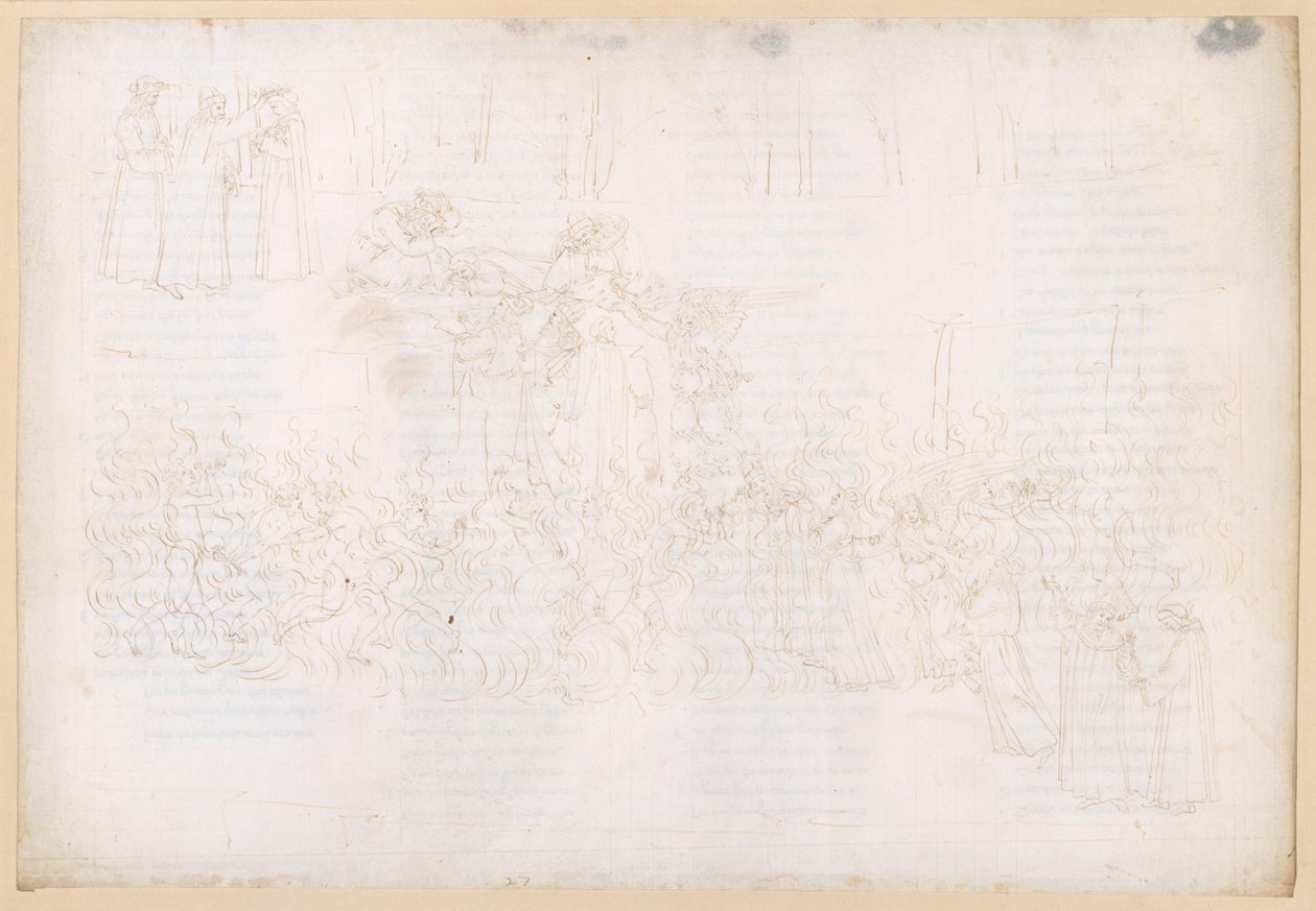 La Divina Commedia, Purgatorio XXVII. Oppstigningen til det jordiske paradiset: Vandringen gjennom ilden; Drømmen på trappene til det jordiske paradiset; Dantes kroning av Sandro Botticelli
