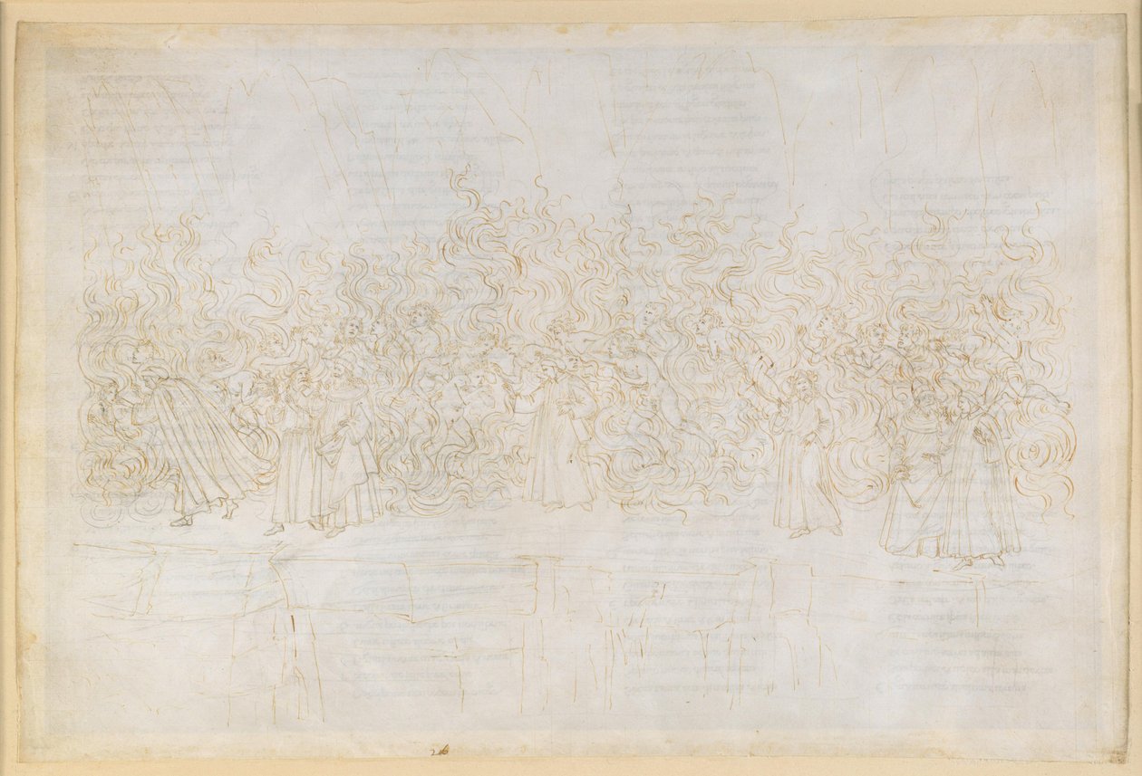 La Divina Commedia, Purgatorio XXVI. Purgatoriets syvende ring: De lystfulles bot; Dantes samtale med Guido Guinizelli av Sandro Botticelli