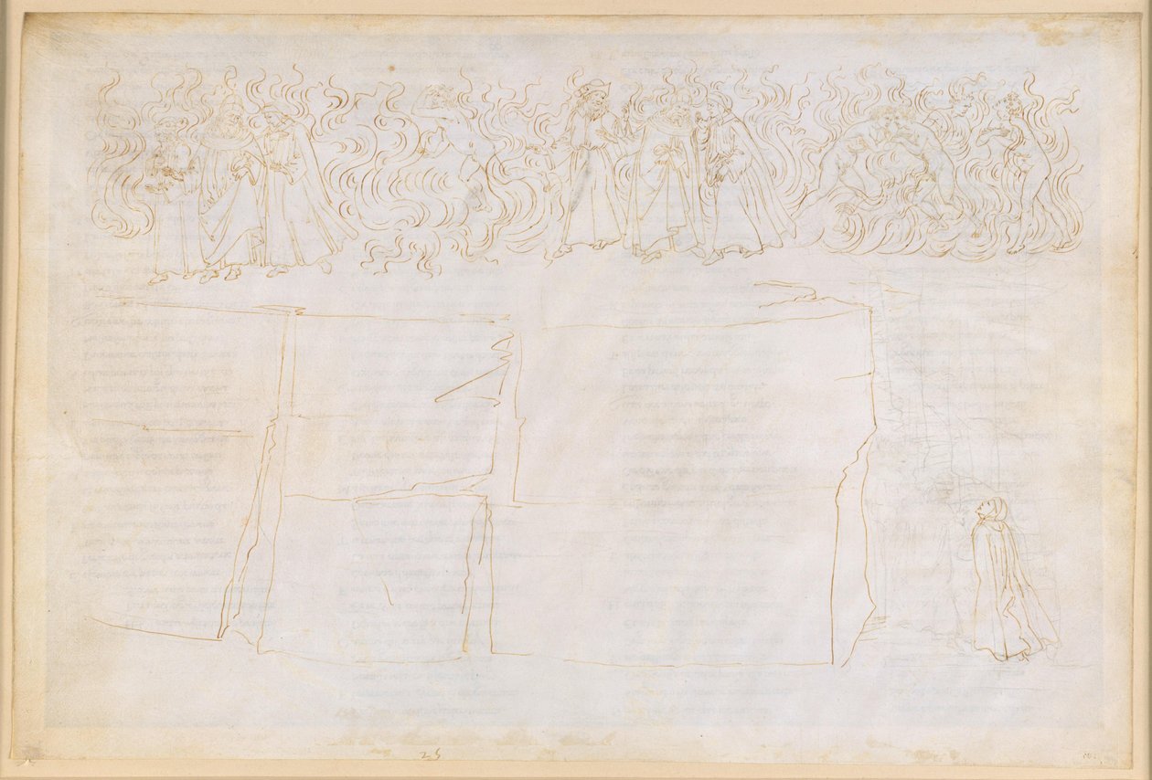 La Divina Commedia, Purgatorio XXV. Oppstigningen til den syvende ringen i Purgatoriet: Forklaring om skyggenes legemlighet; bot for de lystfulle av Sandro Botticelli