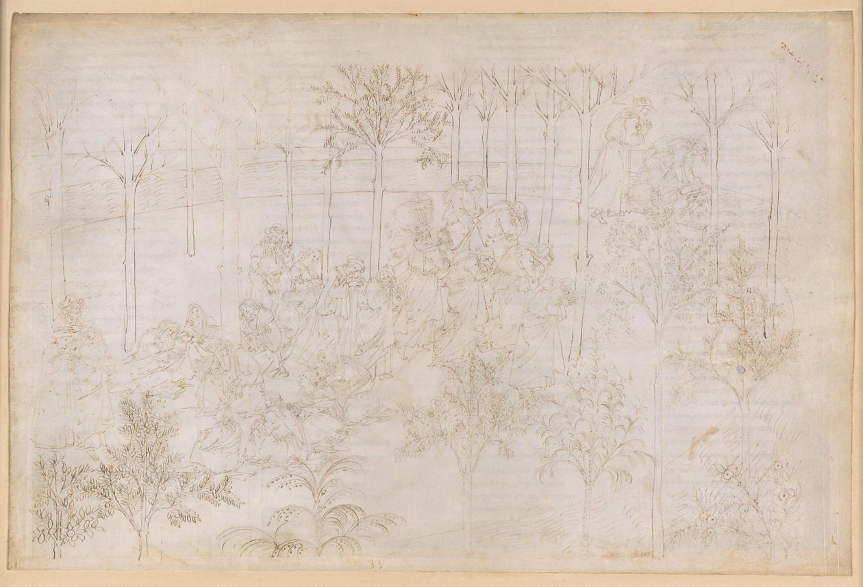 La Divina Commedia, Purgatorio XXXIII. Det jordiske paradiset: Beatrice i dydenes krets; Avreise; Dantes bad i elven Eunoe av Sandro Botticelli