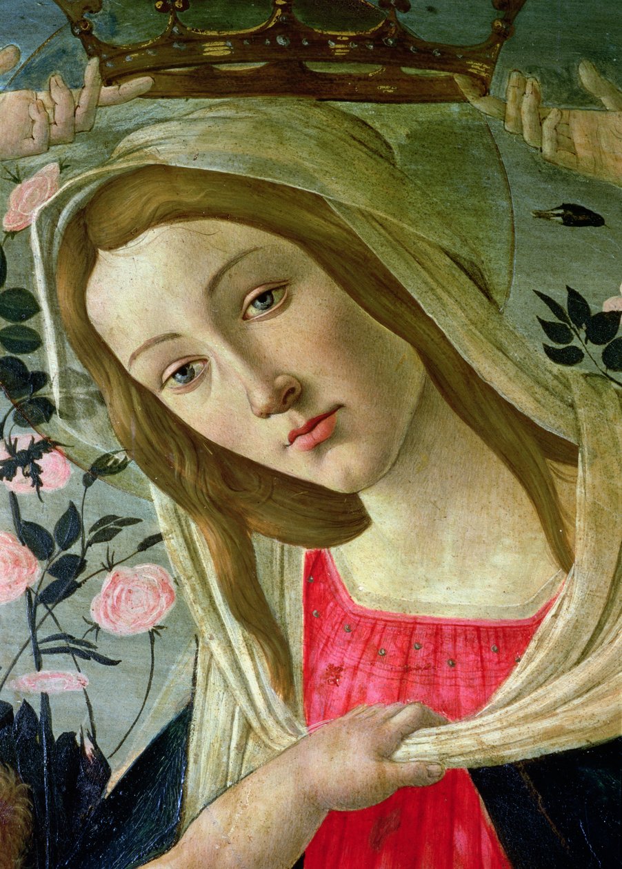 Madonna and Child Crowned by Angels, detalj av Madonna-oljen på panel av Sandro Botticelli