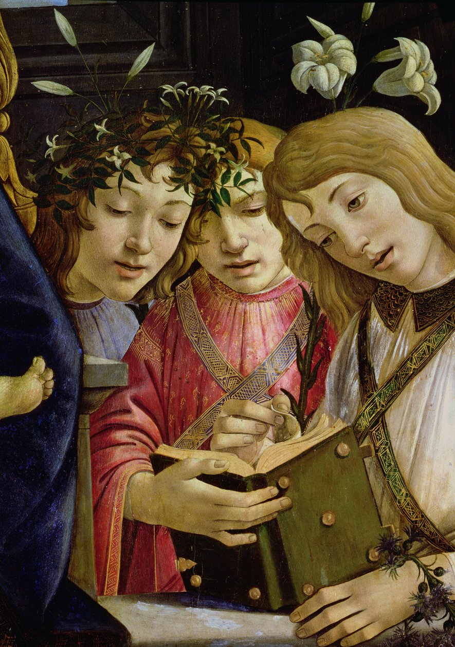 Madonna og barn med den unge døperen Johannes og engler: detalj som viser tre engler paneldetalj av 44353 av Sandro Botticelli
