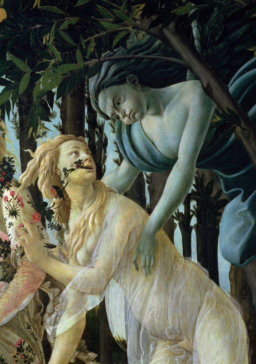 Primavera: Detalj av Zephyr og Flora tempera på panel av Sandro Botticelli