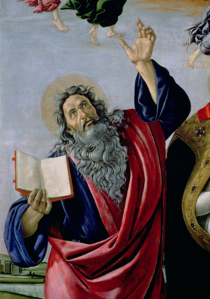 St. John the Evangelist, fra The Coronation of the Virgin Altarpiece of St. Mark, ca. 1488-90 tempera på paneldetalj av 44363 av Sandro Botticelli