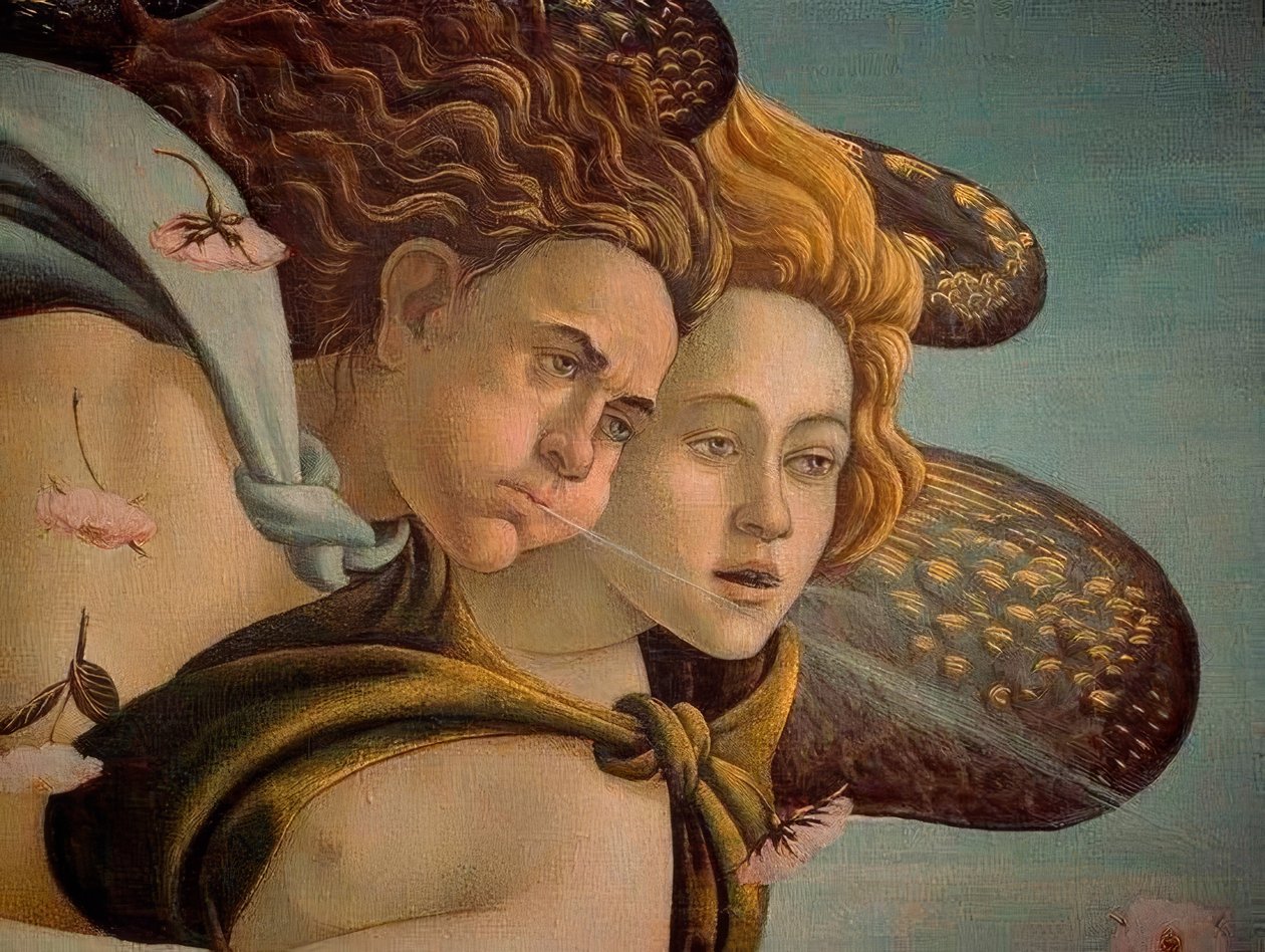 The Birth of Venus detalj av de to brisene, 1478, Olje på lerret av Sandro Botticelli