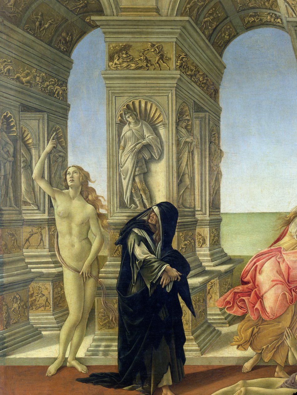 Calumny of Apelles; detalj som viser sannhetens nakne skikkelse som peker mot himmelen og bot kledd i en fillete dominikansk vane, 1497-98 detalj av 31582 av Sandro Botticelli