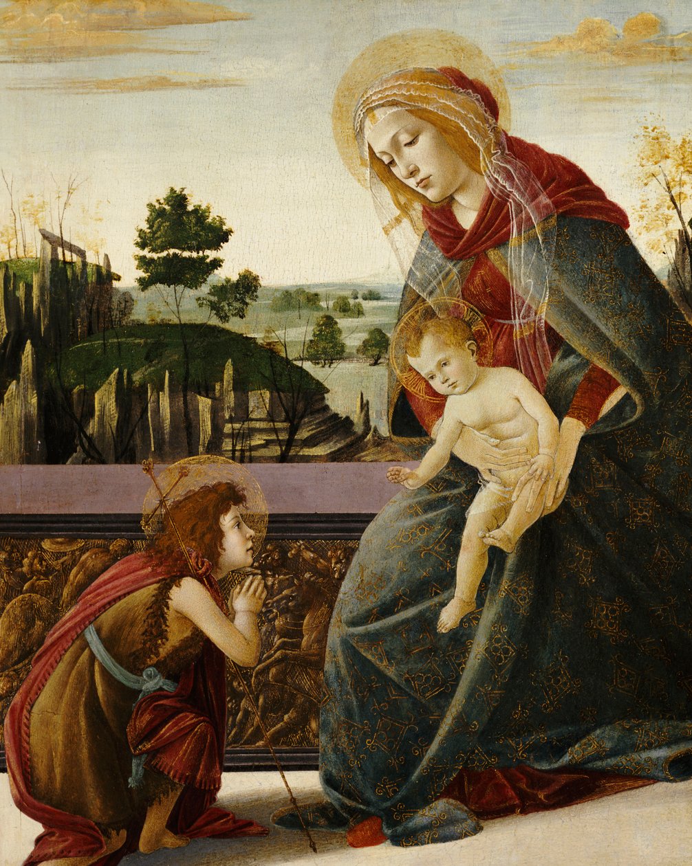Madonnaen og barnet med den unge døperen Johannes i et landskap av Sandro Botticelli