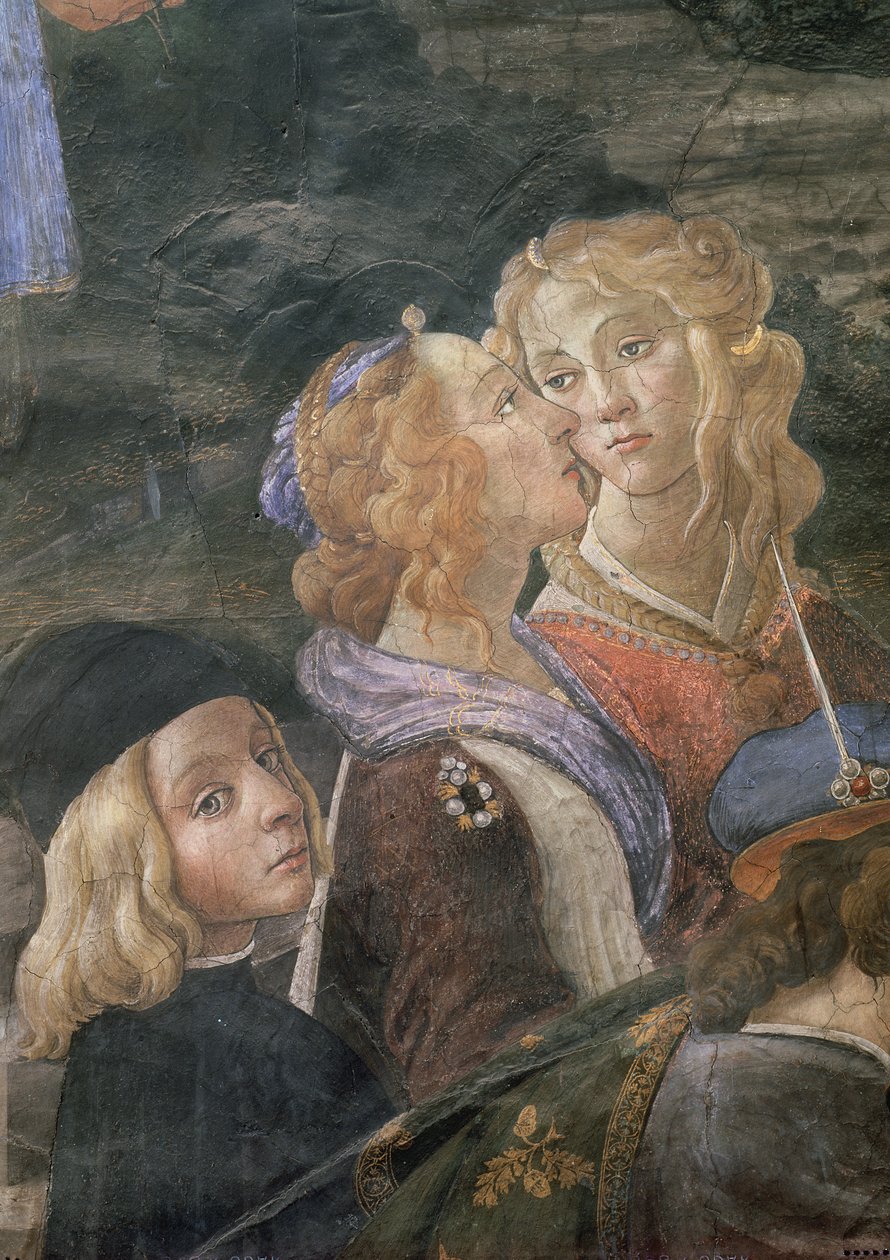 Renselsen av den spedalske og Kristi fristelse, i det sixtinske kapell: detalj av to kvinner og en ung gutt i mengden, freske fra 1481 av Sandro Botticelli