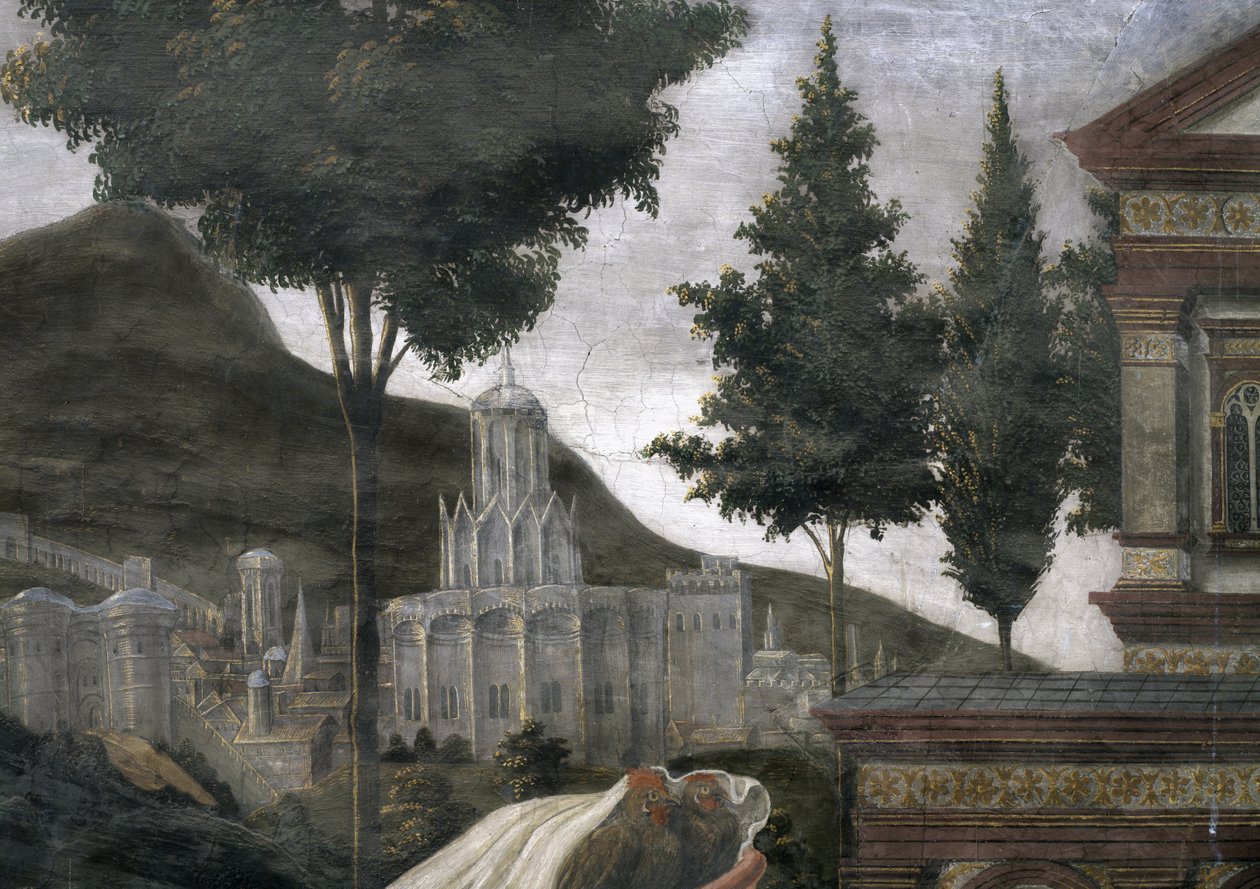 Renselsen av den spedalske og Kristi fristelse, i det sixtinske kapell: detalj av en imaginær by i et landskap, freskomaleri fra 1481 av Sandro Botticelli