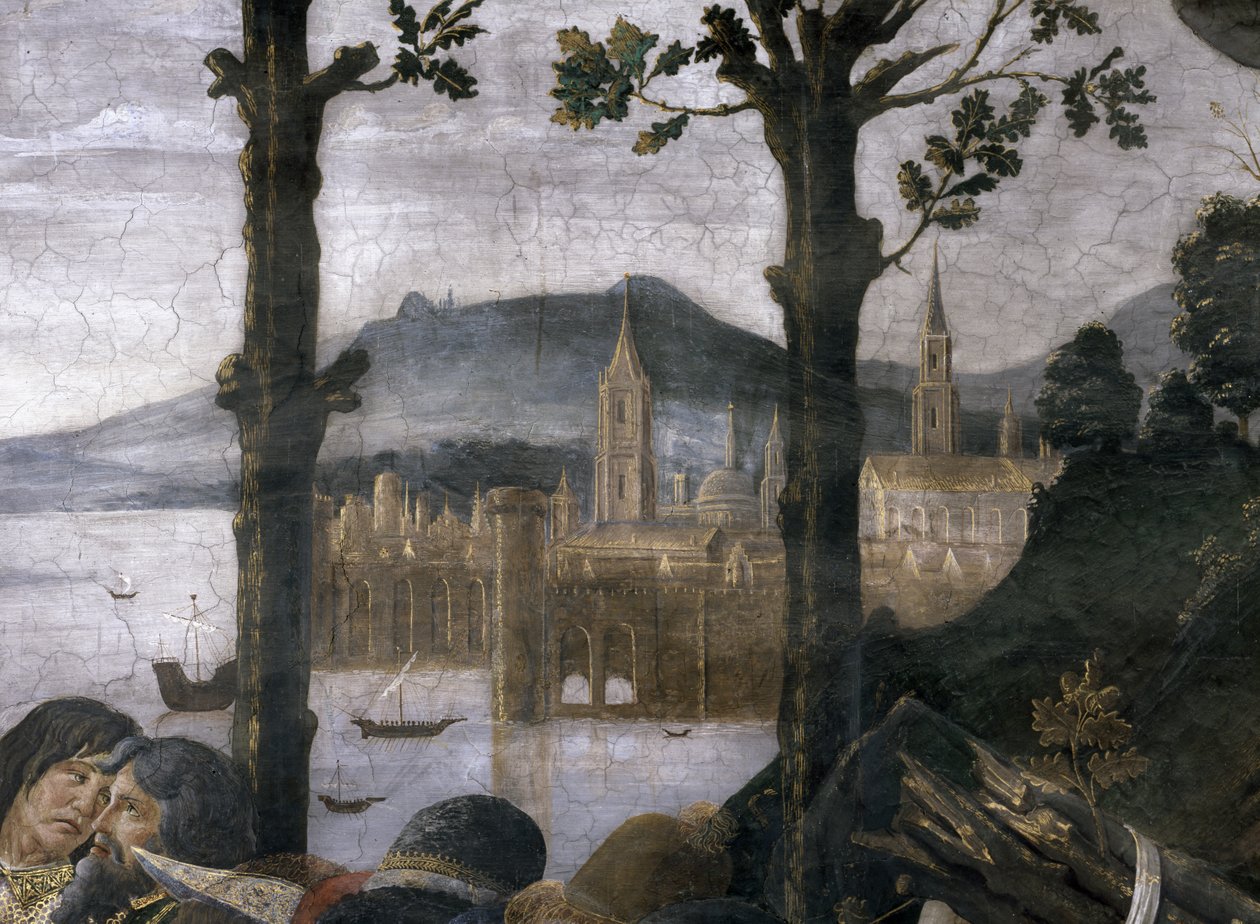 Renselsen av den spedalske og Kristi fristelse, i det sixtinske kapell: detalj av en imaginær havneby i et landskap, freskomaleri fra 1481 av Sandro Botticelli
