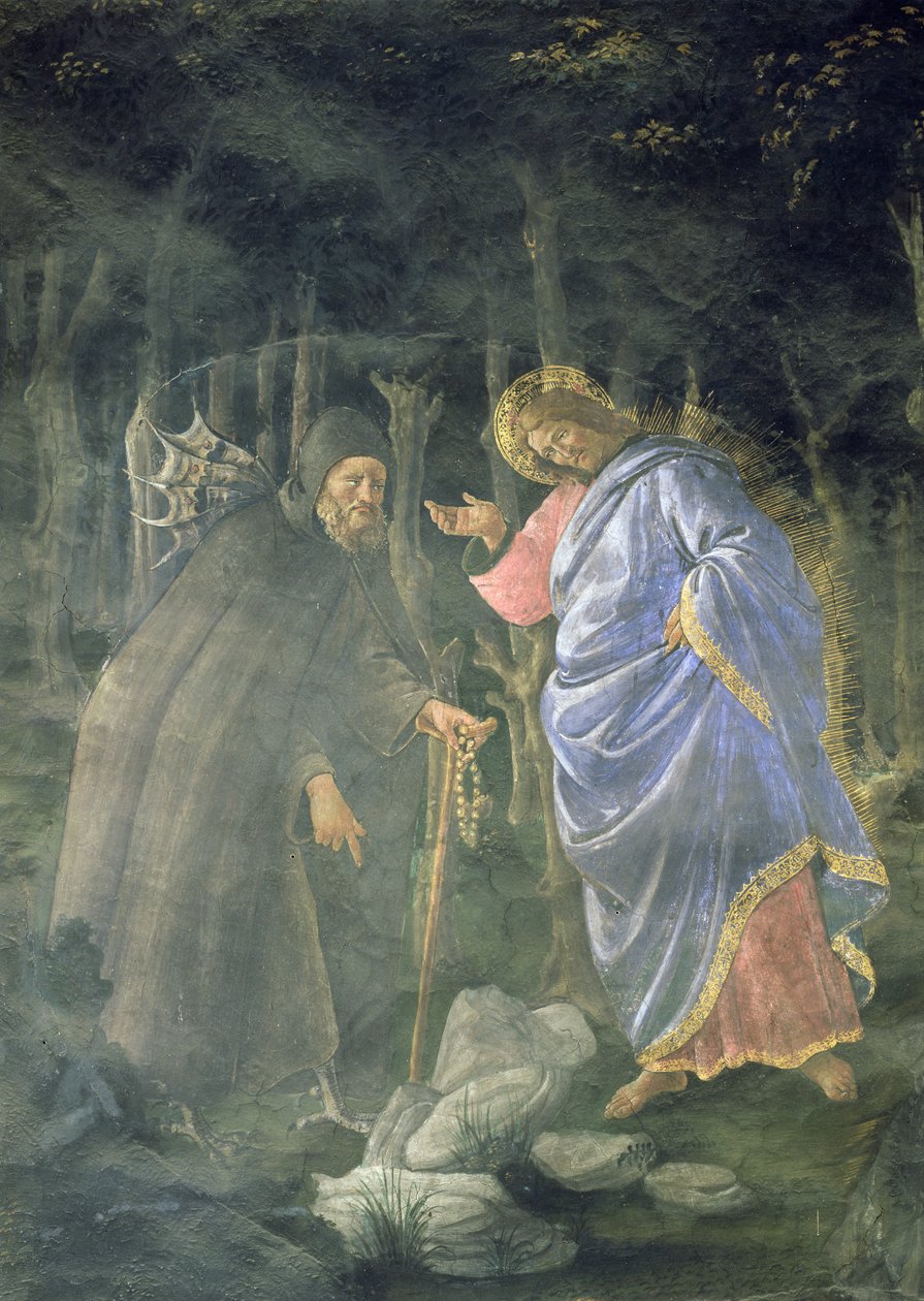 Renselsen av den spedalske og Kristi fristelse, i det sixtinske kapell: detalj av djevelen som utfordrer Jesus til å forvandle steiner til brød, freske fra 1481 av Sandro Botticelli