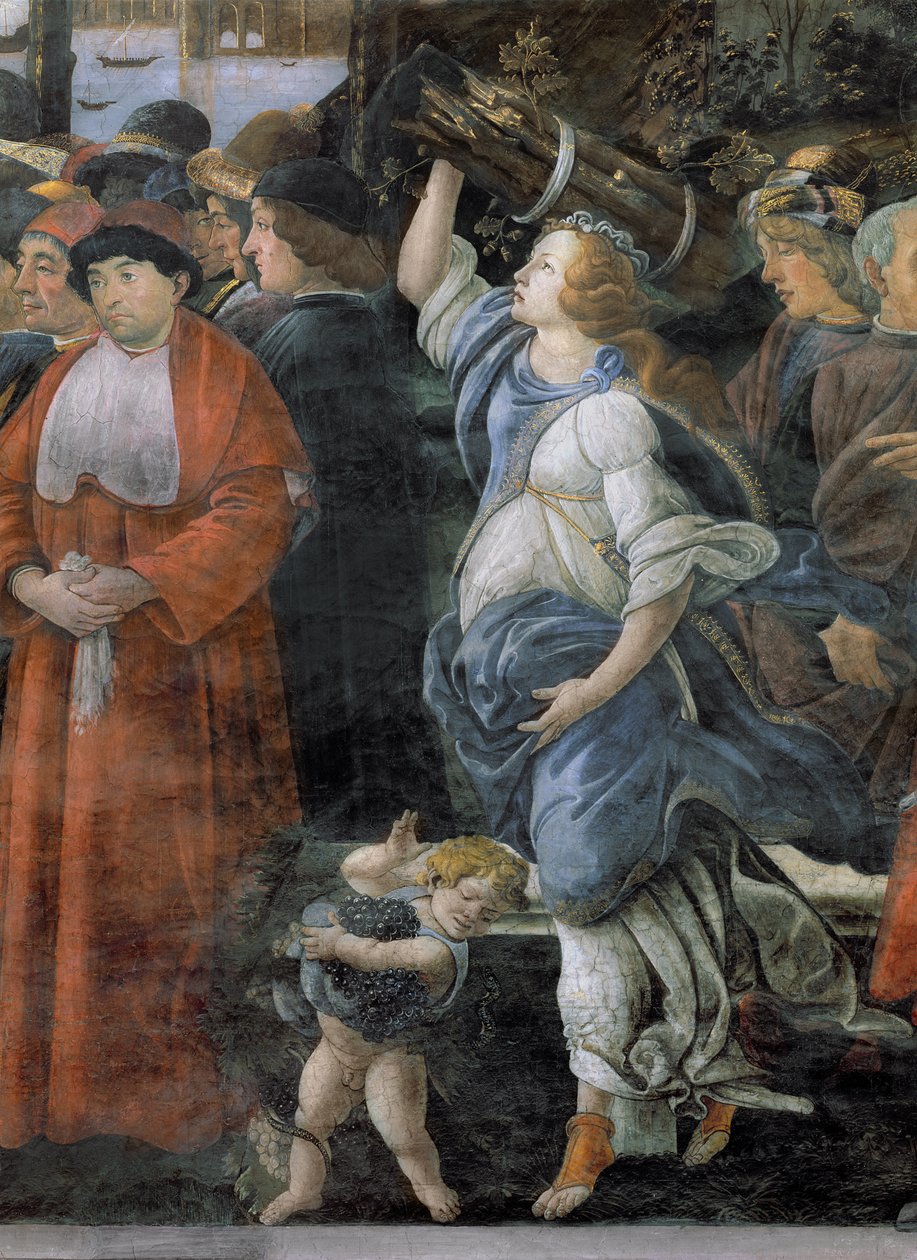 Renselsen av den spedalske og Kristi fristelse, i det sixtinske kapell: detalj av kvinne som bærer ved og liten gutt som bærer druer, freske fra 1481 av Sandro Botticelli
