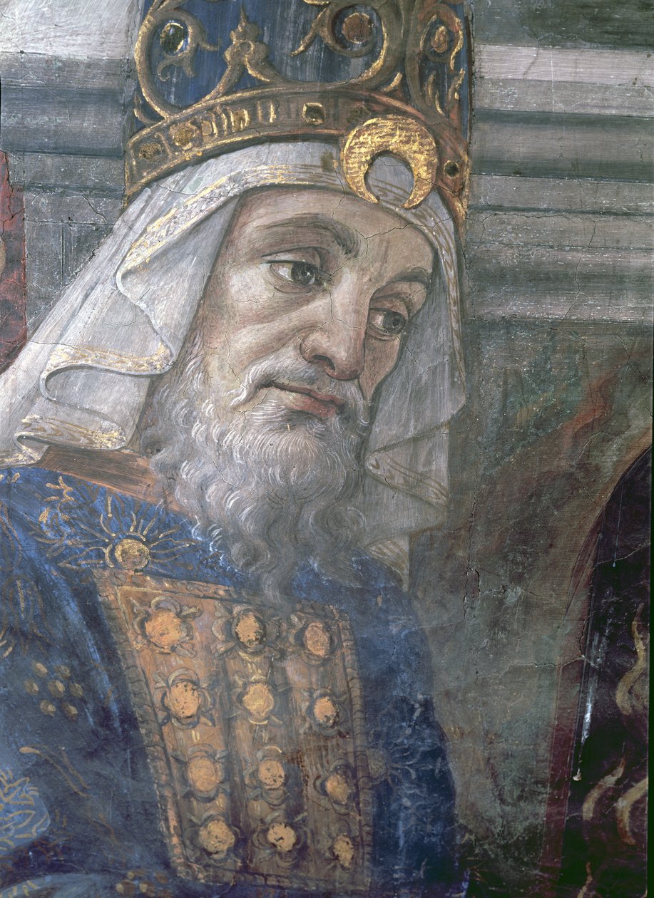 Renselsen av den spedalske og Kristi fristelse, i det sixtinske kapell: detalj av prestens hode, freske fra 1481 av Sandro Botticelli