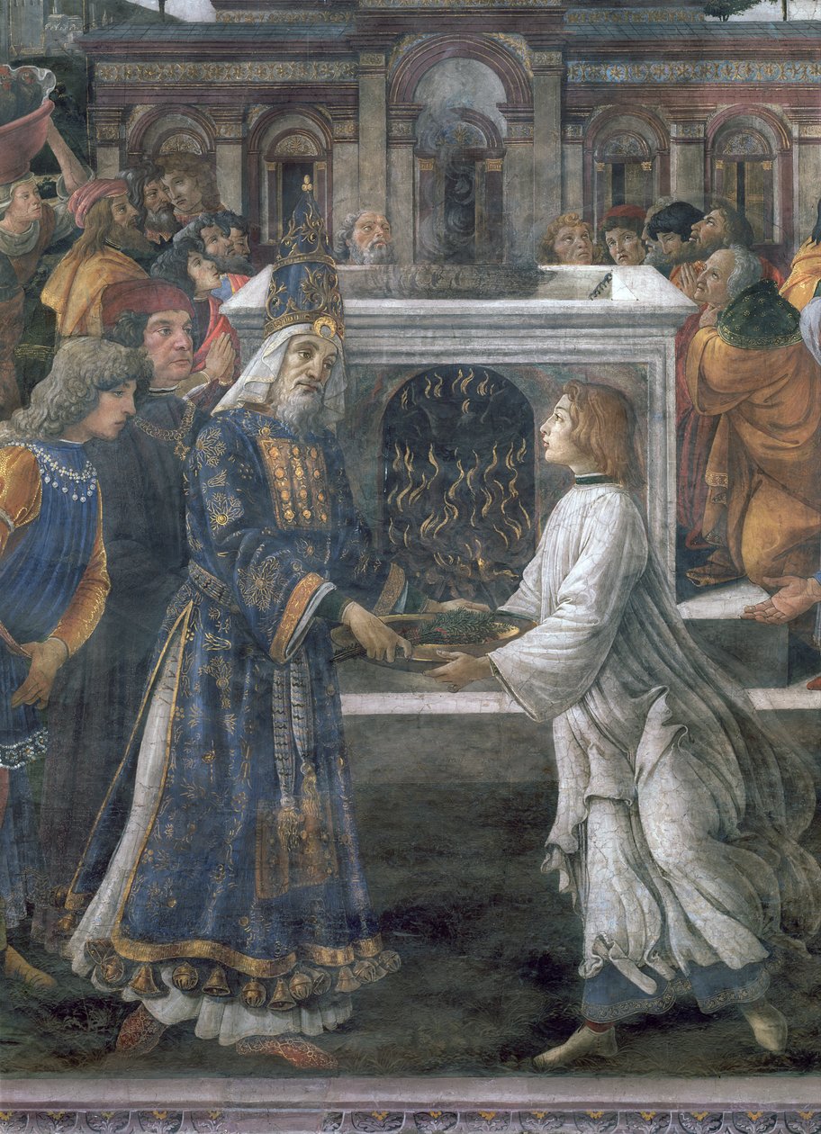 Renselsen av den spedalske og Kristi fristelse, i det sixtinske kapell: detalj av renselsesseremonien, freske fra 1481 av Sandro Botticelli