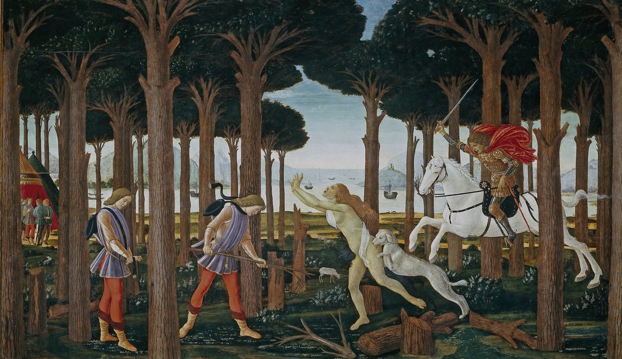 Historien om Nastagio degli Onesti Første episode, ca 1483 av Sandro Botticelli