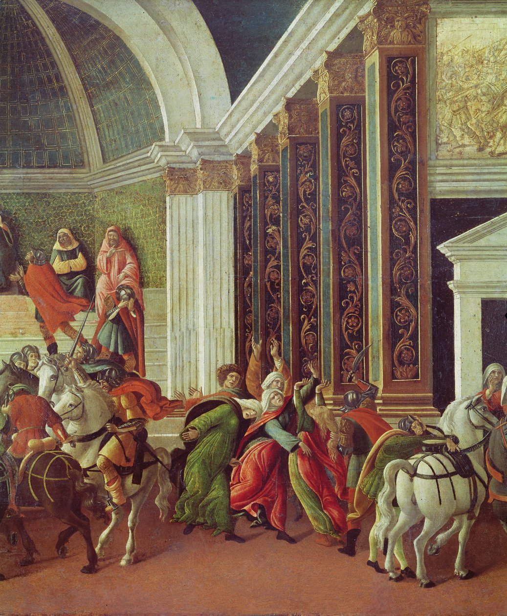 The Story of Virginia detalj til høyre: drept av faren Virginius, 1500-04 tempera på panel av Sandro Botticelli