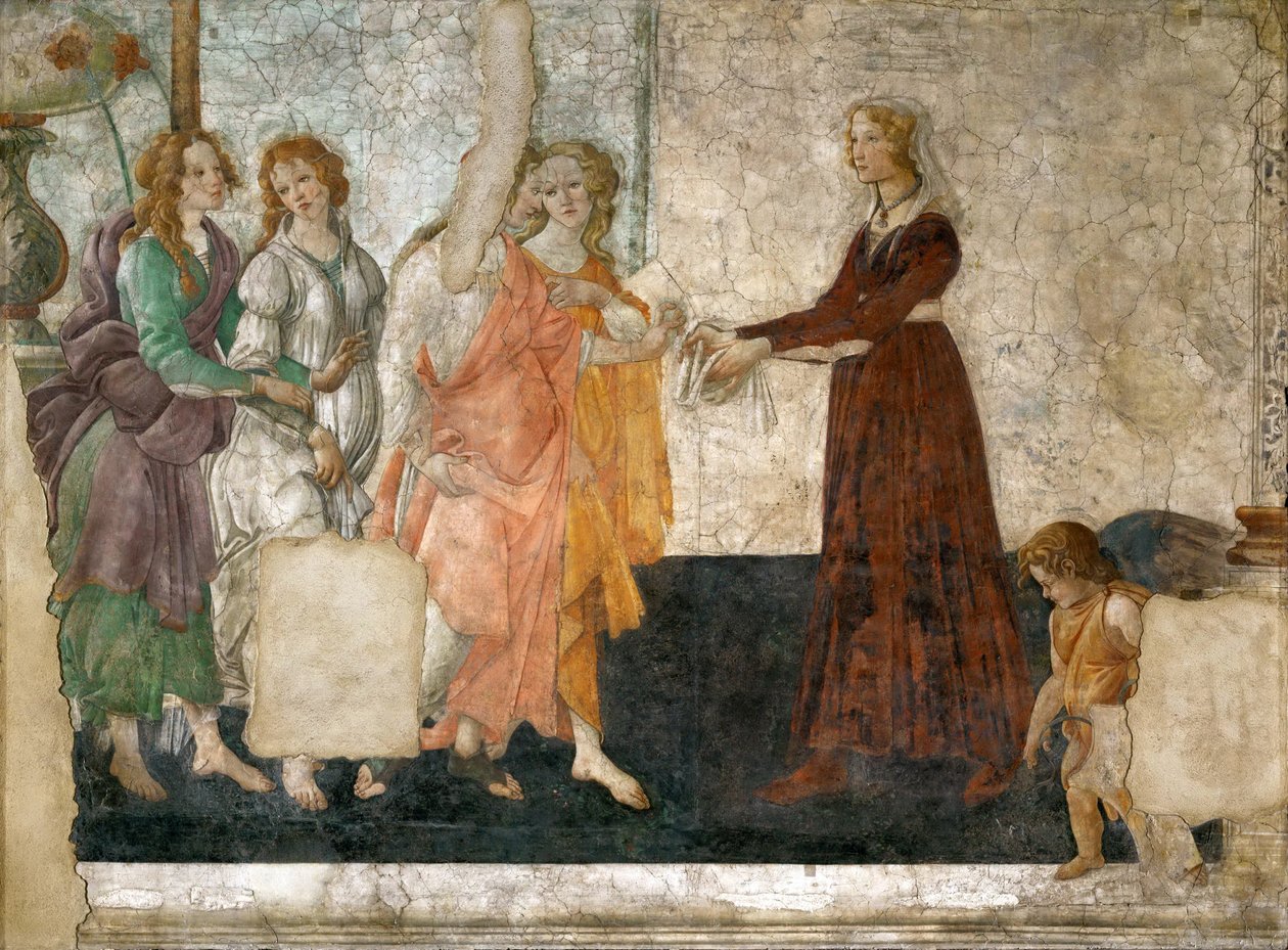 Venus and the Three Graces ofrer gaver til en ung jente, 1484-1486 av Sandro Botticelli
