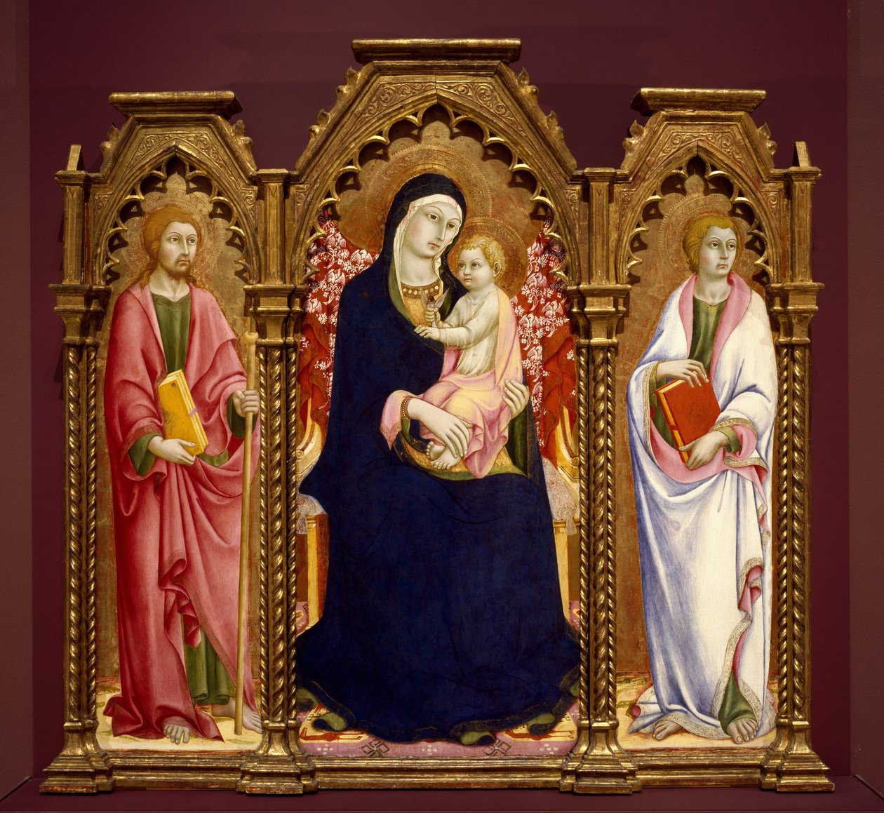Madonna og barn med de hellige James Major og Johannes evangelisten, altertavle av Sano di Pietro