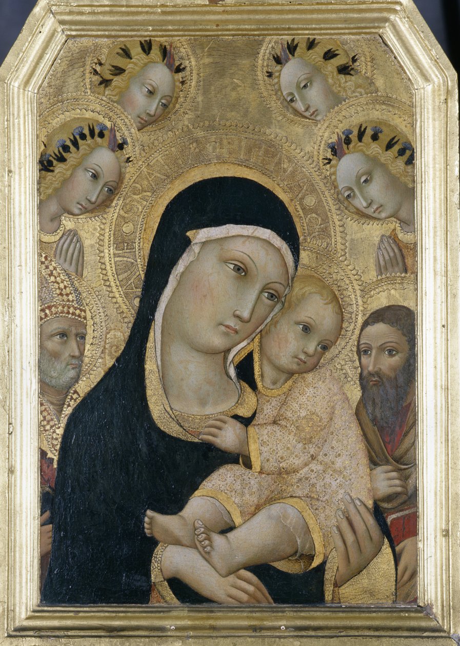 Madonna og barn med engler og hellige, ca. 1450 (tempera på poppeltre) av Sano di Pietro
