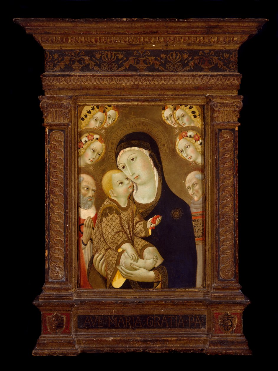 Madonna og barn med St. Jerome, St. Bernardino og Six Angels, ca. 1460-tallet (tempera og bladgull på panel) av Sano di Pietro