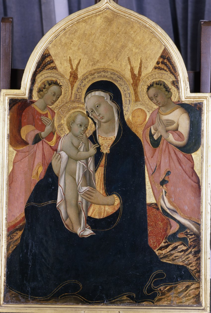 Madonna og barn med to engler, ca. 1440 (tempera på poppel) av Sano di Pietro