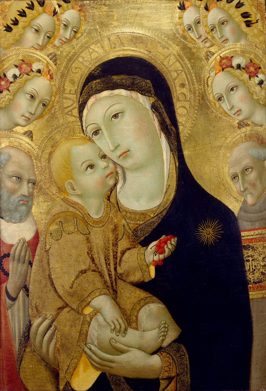 Jomfru og barn med de hellige Jerome og Bernardino av Siena og seks engler, 1460-tallet (tempera og bladgull på tre) av Sano di Pietro