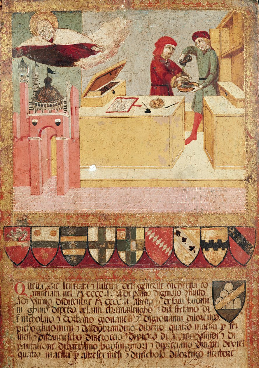 Biccherna som viser Camerlengo som vasker hendene, og jomfruen som beskytter Siena, 1451 av Sano di Pietro