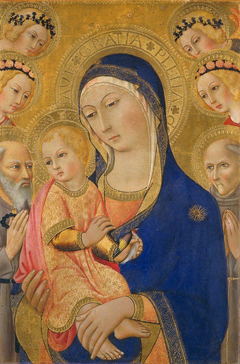 Madonna og barn med Saint Hieronymus, Saint Bernardino og engler, ca. 1460-70 (tempera på panel) av Sano di Pietro