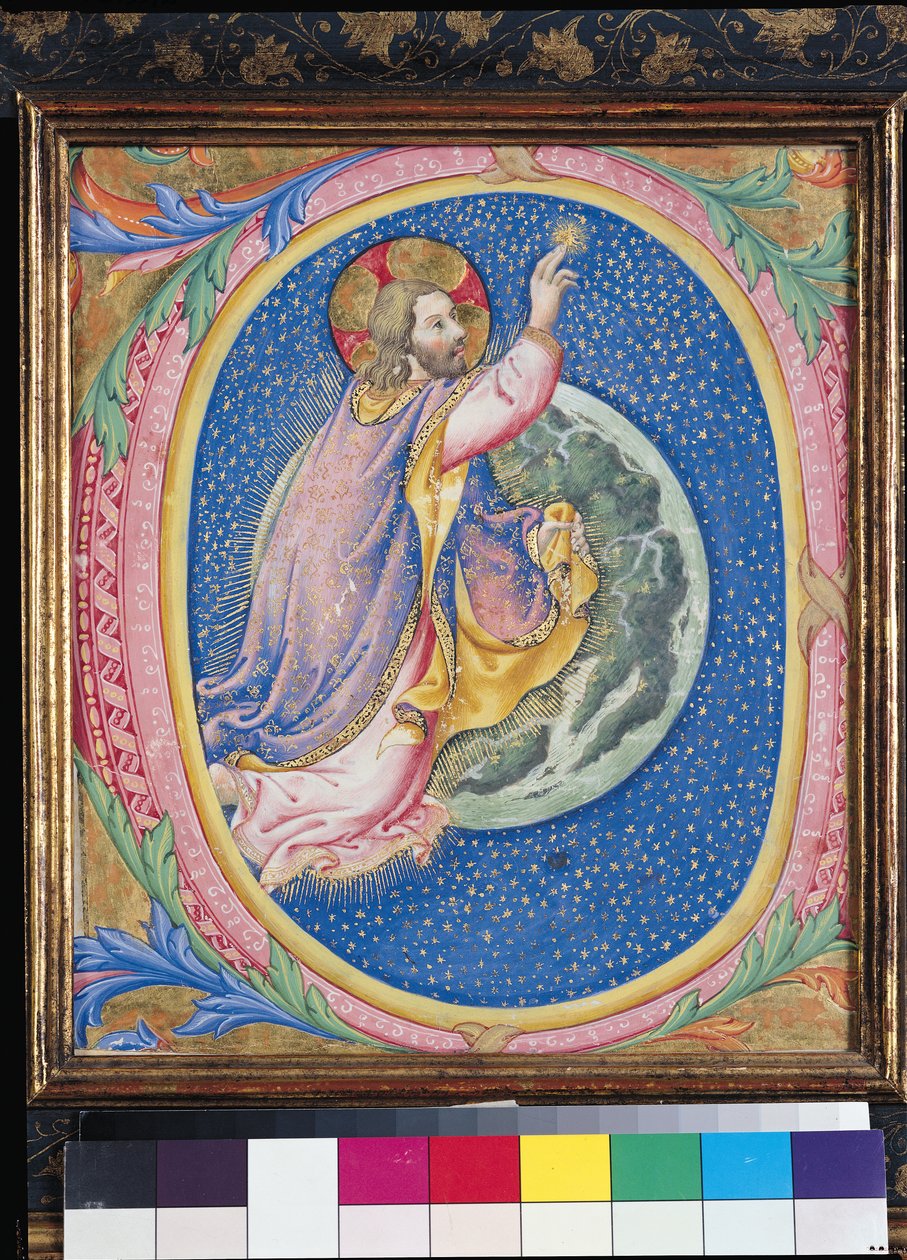 Historikert initial 'O' som viser Gud som skapte stjernene av Sano di Pietro