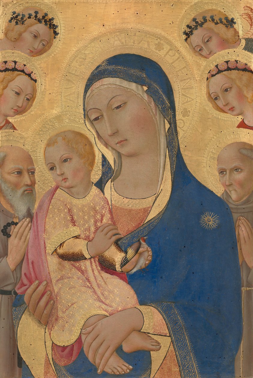 Madonna og barn med Saint Jerome, Saint Bernardino og engler av Sano di Pietro