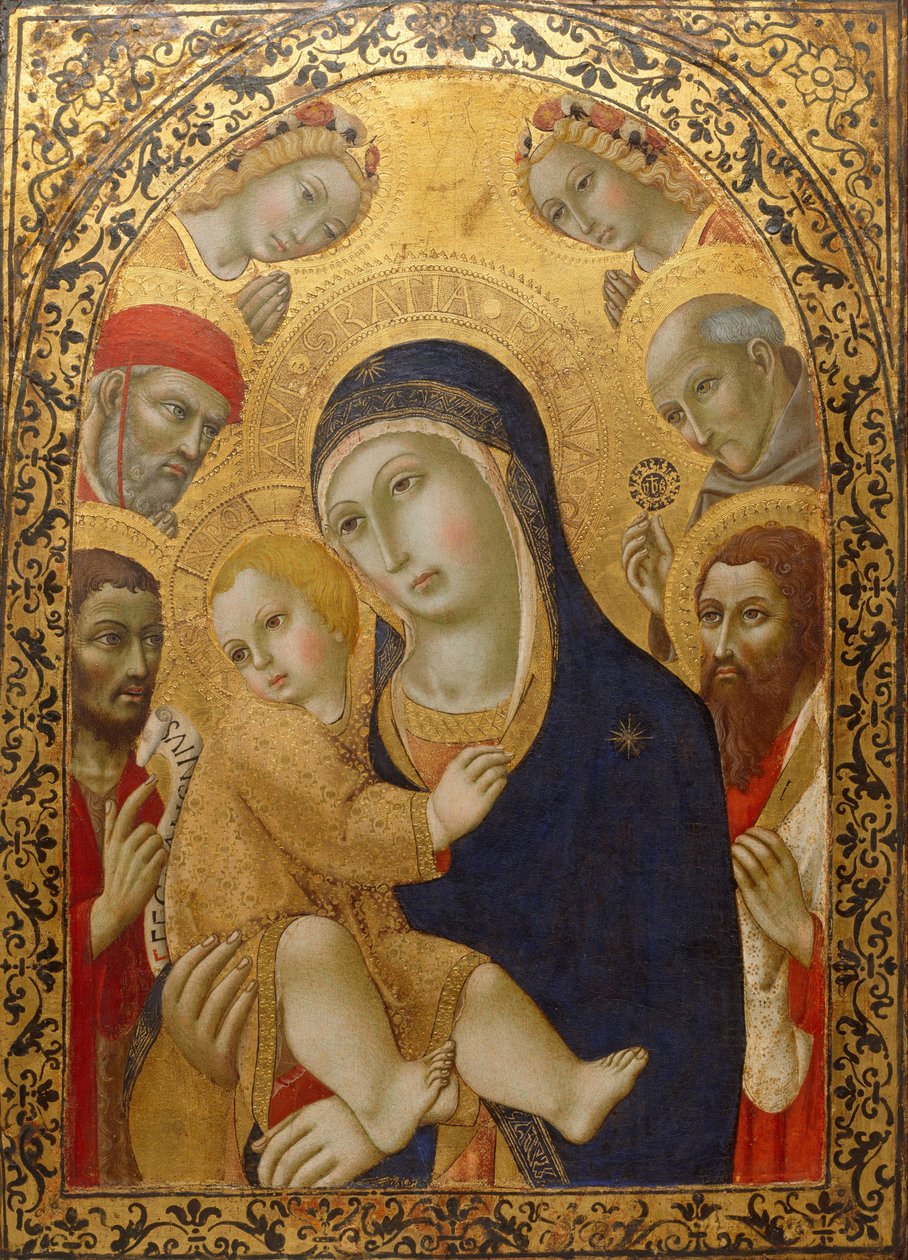 Madonna og barn med de hellige Hieronymus, døperen Johannes, Bernardino og Bartholomew, ca 1450-1475 av Sano di Pietro
