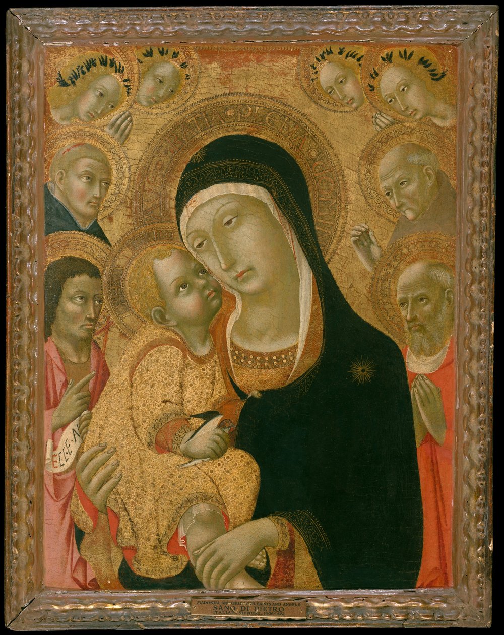 Madonna og barn med de hellige døperen Johannes, Hieronymus, Peter Martyr..., ca. 1425-før ca. 1467. av Sano di Pietro