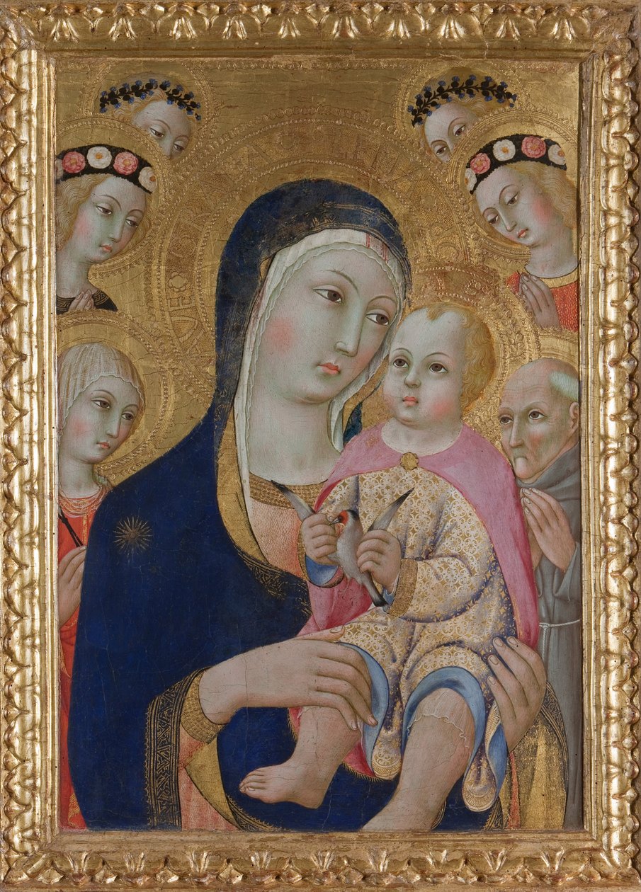 Madonna med barnet, de hellige Apollonia og Bernardino og fire engler, ca 1460 av Sano di Pietro