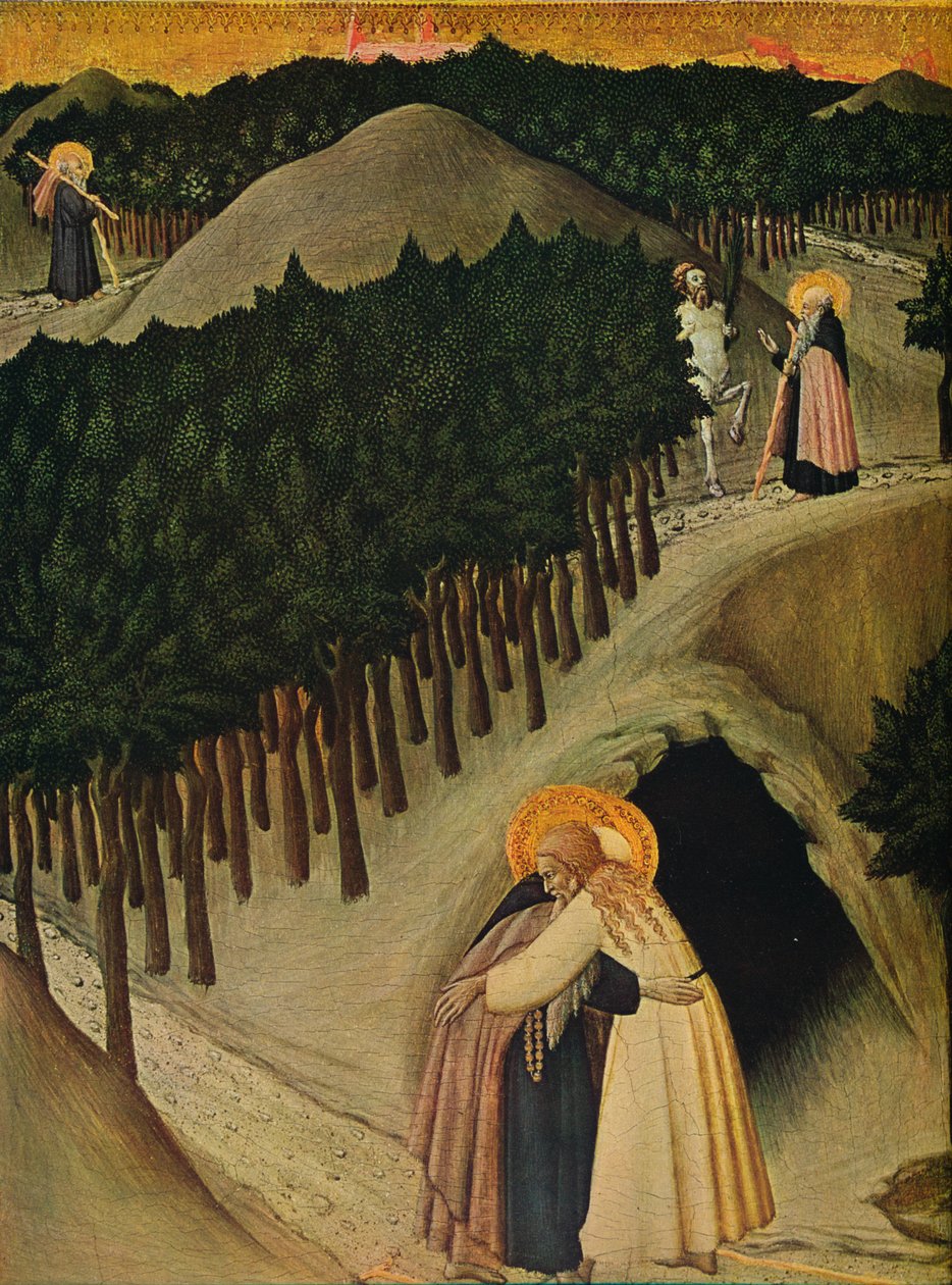 Møtet mellom Saint Anthony og Saint Paul, c1430-1435 av Sano di Pietro