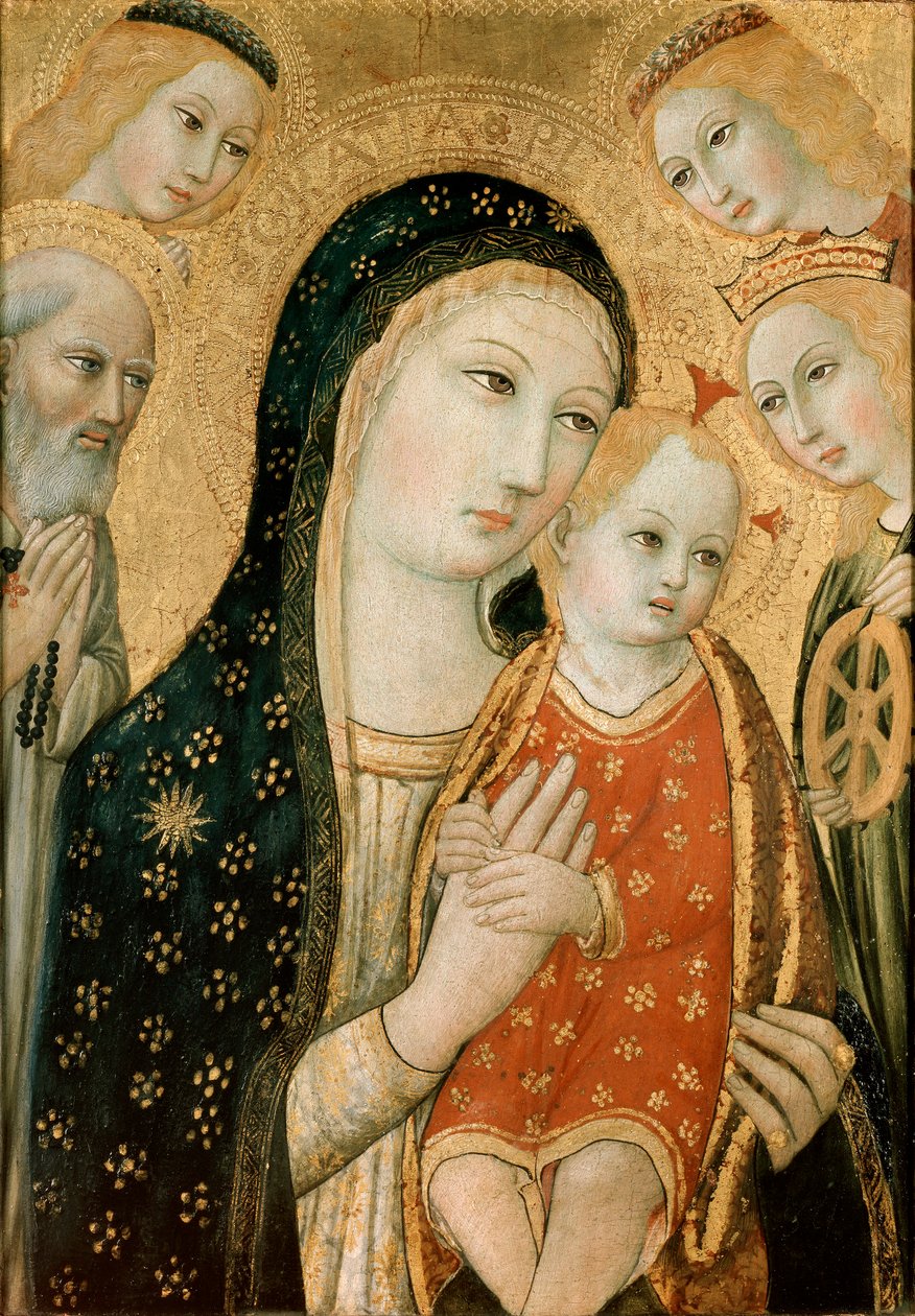 Jomfruen og barnet med den hellige Hieronymus, den hellige Katarina av Alexandria og to engler, c1470 av Sano di Pietro