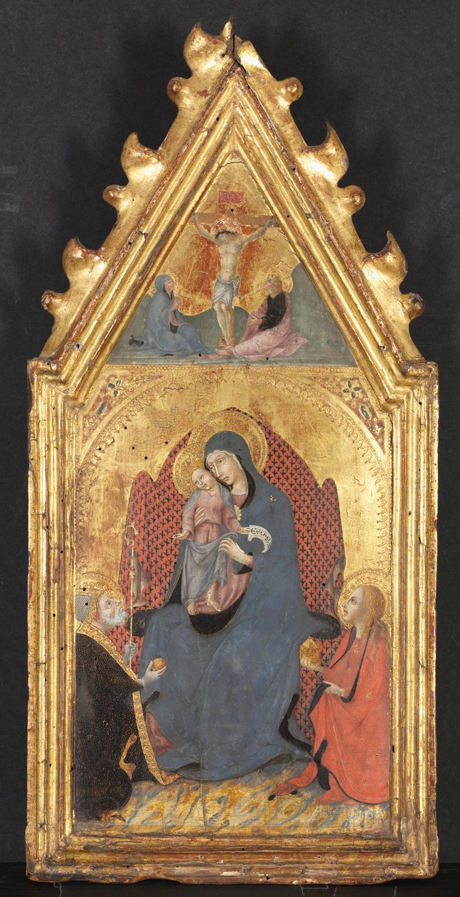 Jomfru og barn tilbedt av de hellige Maria Magdalena og Nicolas av Bari, Kristus korsfestet..., 1400-tallet. av Sano di Pietro