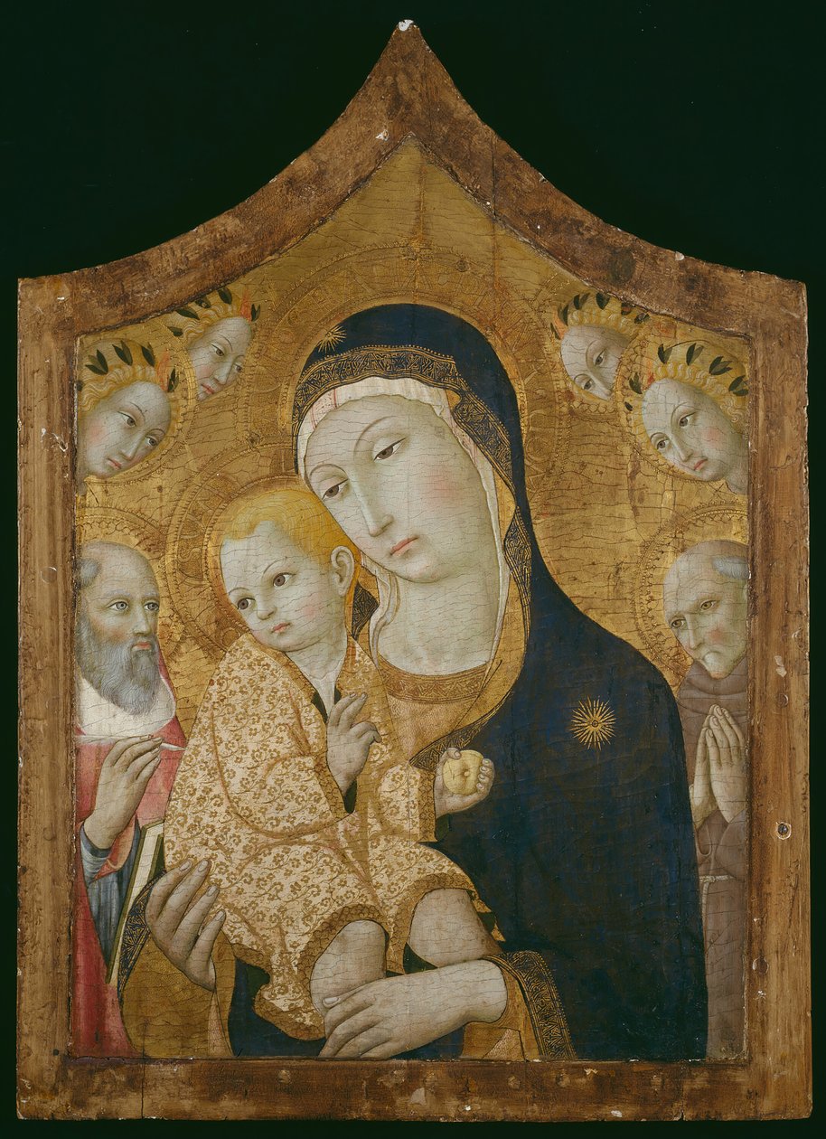 Jomfru og barn med de hellige Jerome, Bernardino av Siena og engler, 145060. av Sano di Pietro
