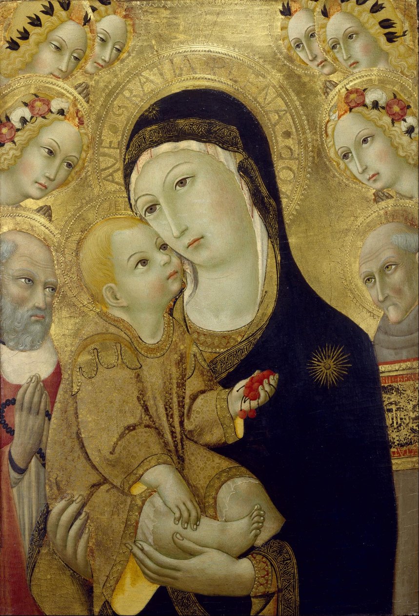 Jomfru Maria med barnet, de hellige Hieronymus og Bernardino av Siena samt seks engler av Sano di Pietro