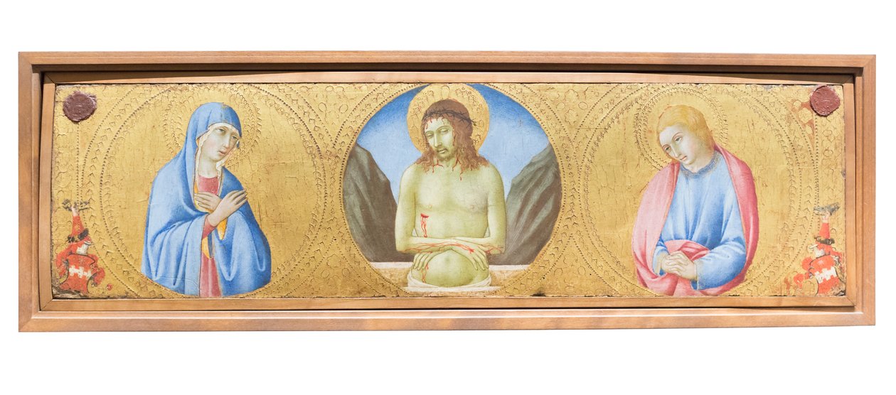 Kristus som sorgens mann mellom jomfru Maria og evangelisten Johannes av Sano di also Ansano di Pietro di Mencio Pietro