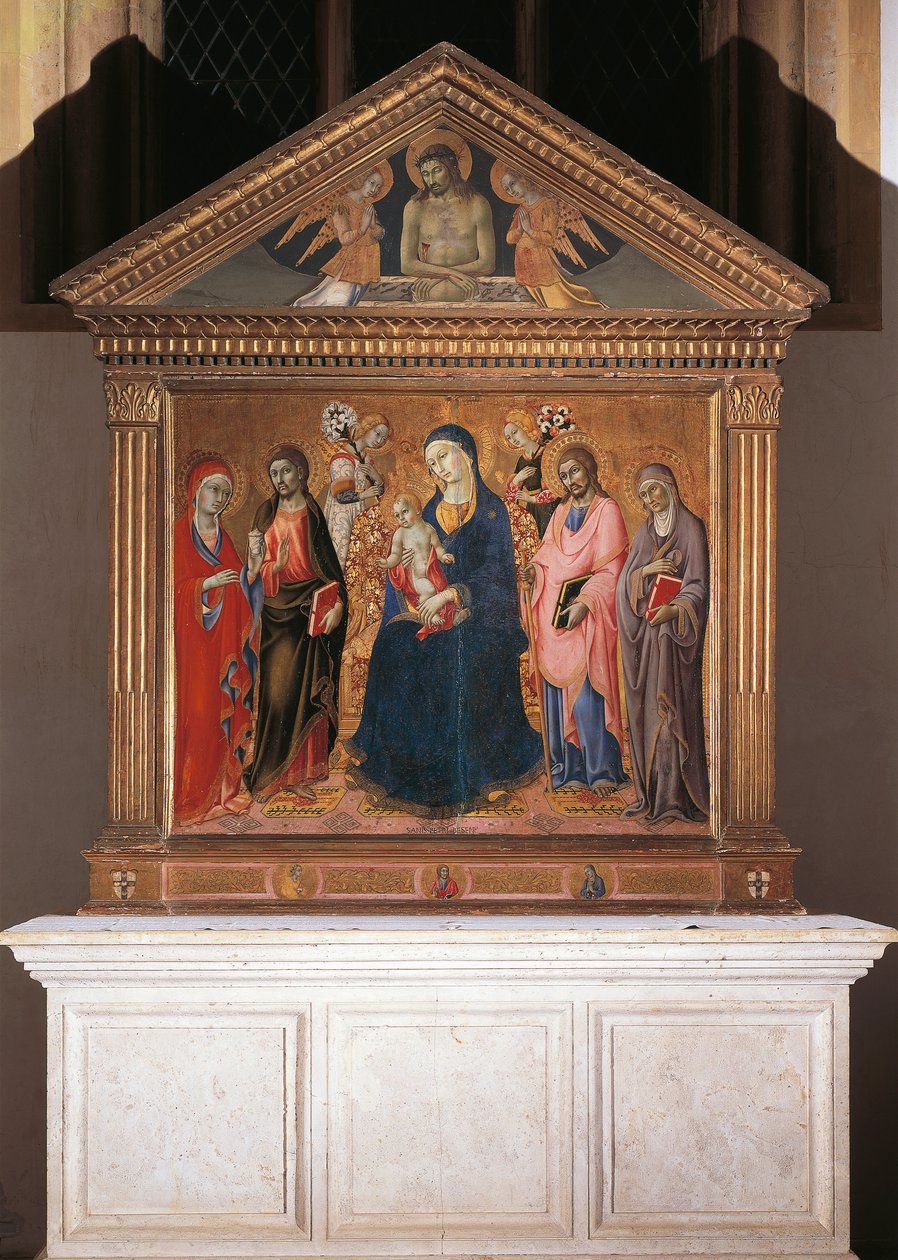 Madonna og barn med hellige og Kristus i Pieta av Sano di also Ansano di Pietro di Mencio Pietro