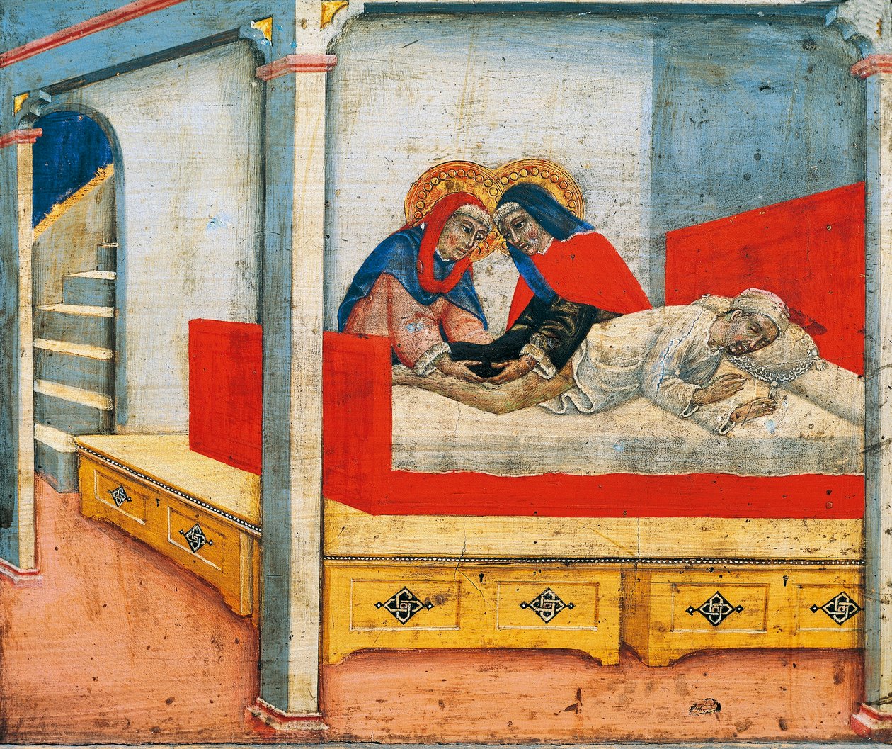 De hellige Cosmas og Damian fester Etiopians ben til sacristan (mirakel av Etiopians ben), scene fra predella av Madonna og Barn med engler og helgener, av Sano di Pietro (1405-1481), panel av Sano di also Ansano di Pietro di Mencio Pietro