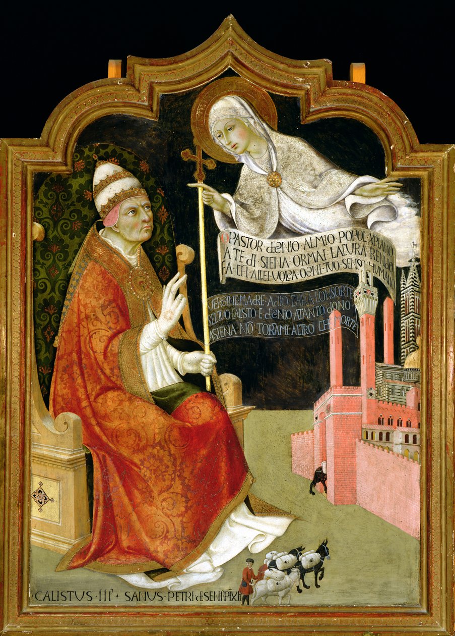 Jomfruens åpenbaring til pave Calixtus III (1378-1458) 1455-58 (olje på panel) av Sano di also Ansano di Pietro di Mencio Pietro