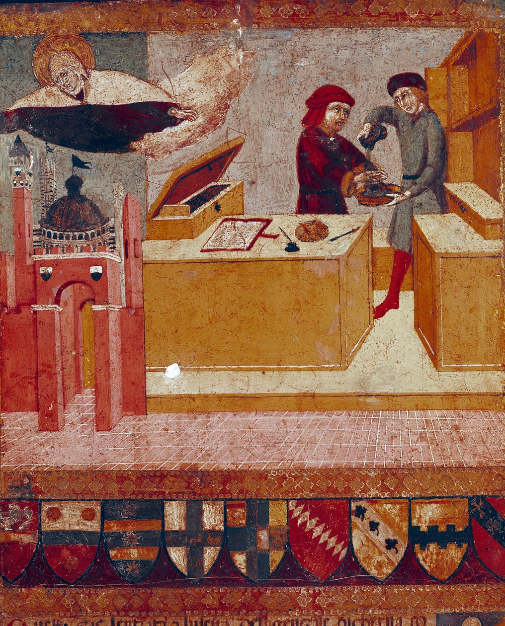Camerlingvisten vasker symbolsk hendene mens den velvillige og beskyttende Jomfruen flyr over byen Siena Detail. Tremaleri av Sano di Pietro (1406-1481) som dekorerer en Biccherna (omslaget til regnskapsregisteret til byen Siena) 1451. av Sano di also Ansano di Pietro di Mencio Pietro