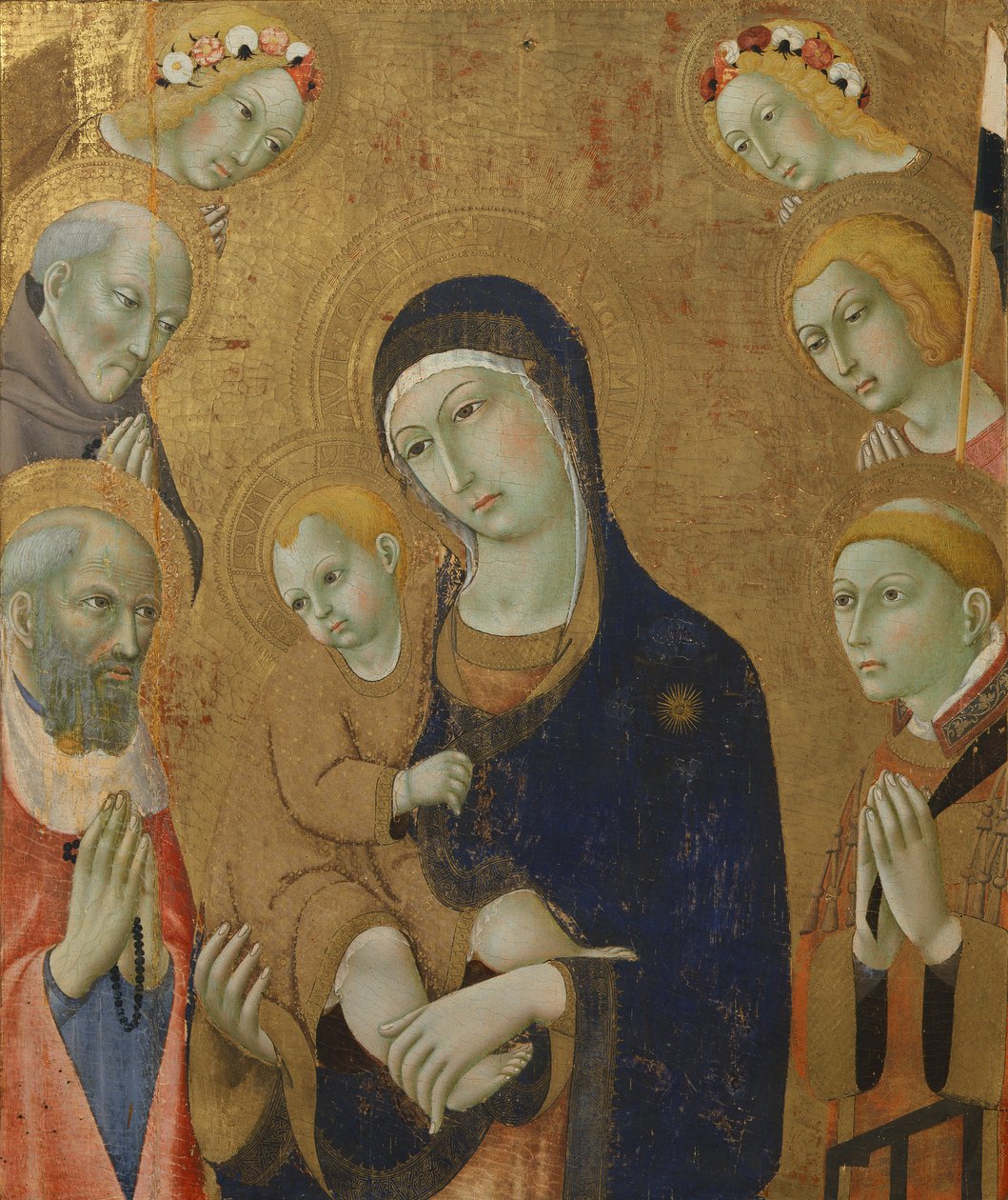 Jomfru og barn, engler og helgener (maleri på tre) av Sano di also Ansano di Pietro di Mencio Pietro