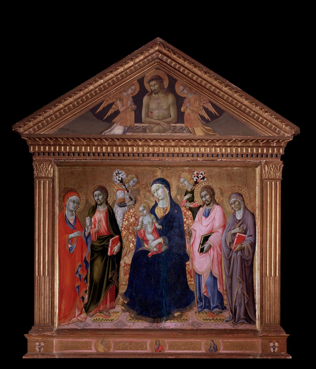 Jomfru og barn med Sts. James, Philip, Anne og Mary Magdalene - olje på tre av Sano di also Ansano di Pietro di Mencio Pietro