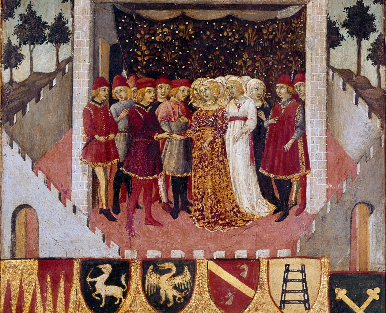 Bryllupsseremoni for et par av adelen i byen Siena Maleri av Sano di Pietro (1406-1481) som dekorerer en Biccherna (omslaget til regnskapsregisteret til byen Siena) 1473. Siena Archivio di Stato, Italia av Sano di also Ansano di Pietro di Mencio Pietro