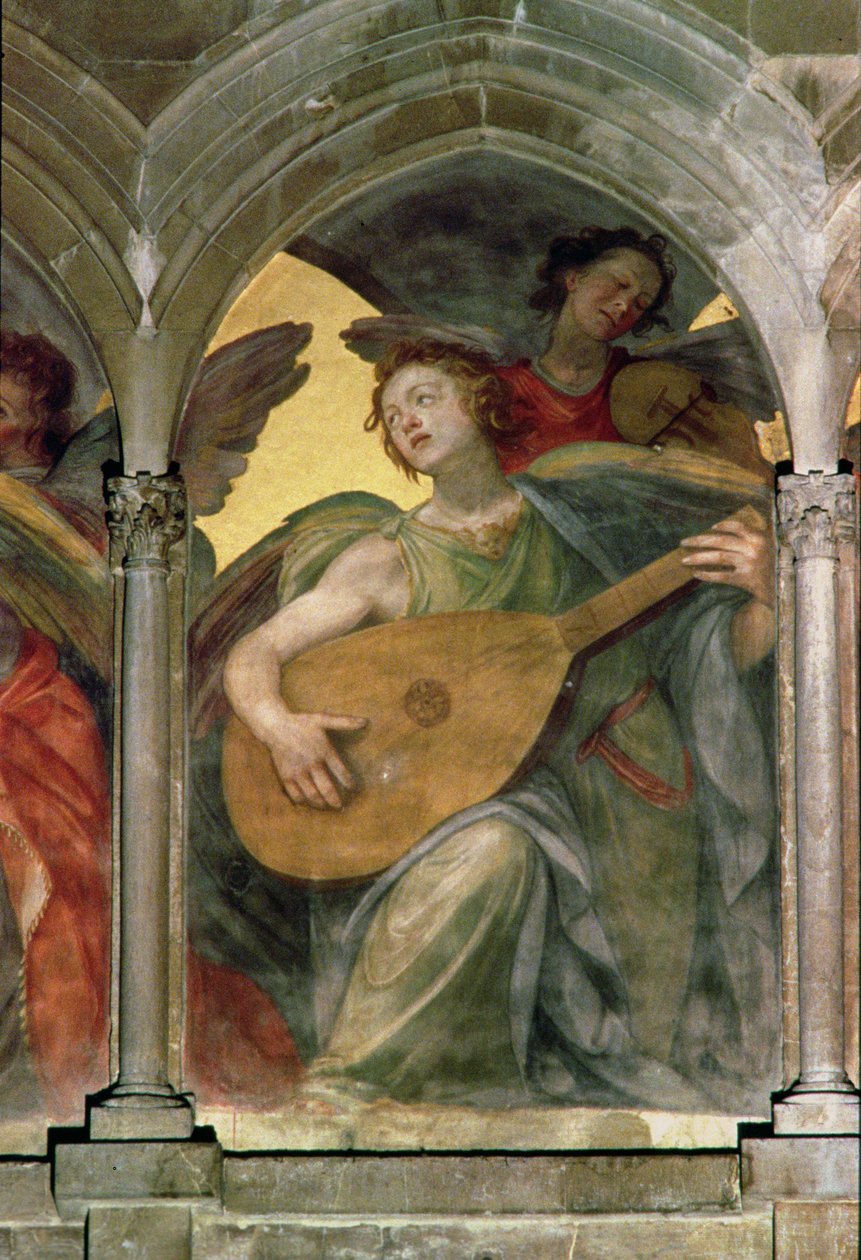Musikalsk engel i et trompe loeil-kloster, detalj av en engel som spiller mandolin, fra den indre vestfasadens freskomaleri av 100329 av Santi di Tito