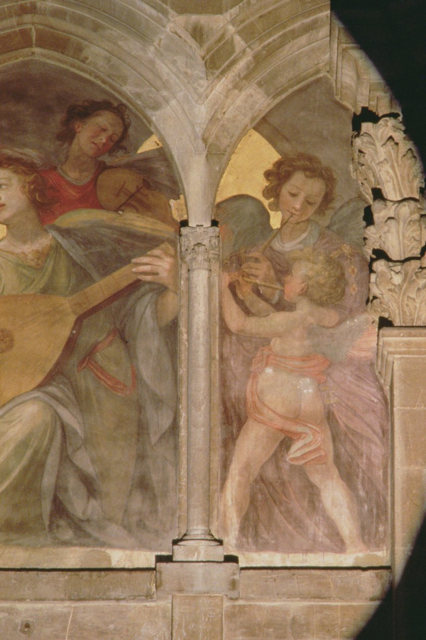 Musikalske engler med et trompe loeil-kloster, detalj av kjerub som spiller en fløyte, fra den indre vestfasaden freskomaleri av 100329 av Santi di Tito